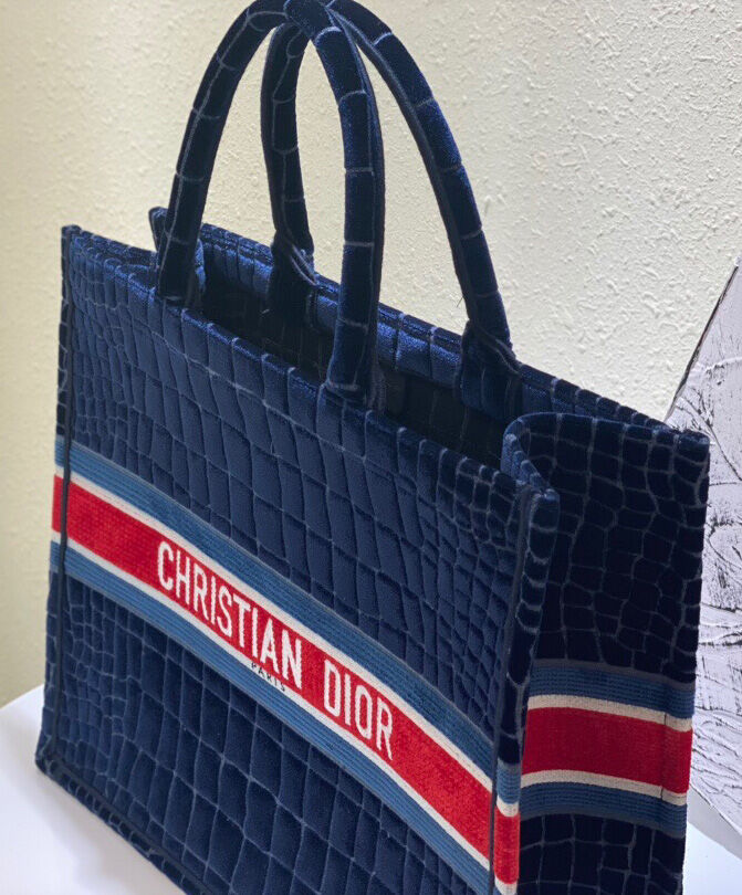 Christian Dior Book Tote Crocodile-Effect Embroidered Velvet Canvas Dark Blue